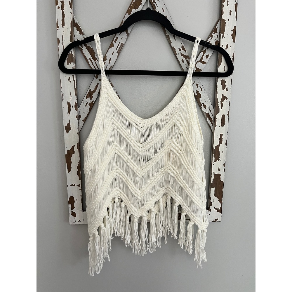 Woman's Crochet Fringe Tank‎ Top Bathing Suit Cover Sz Large White Off White NWT